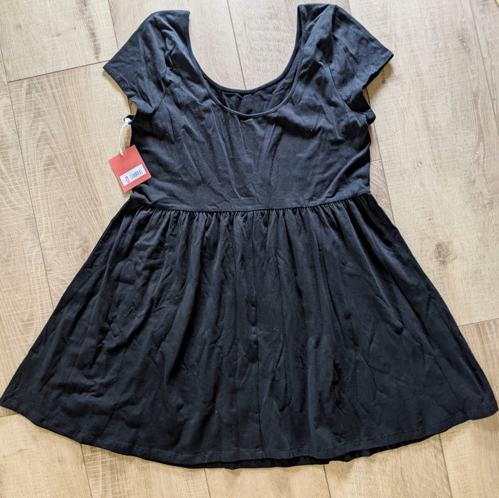 New Minimalist Y2K Black Short Sleeve Mini Fit Flare Dress XXL Skater Scandi LBD